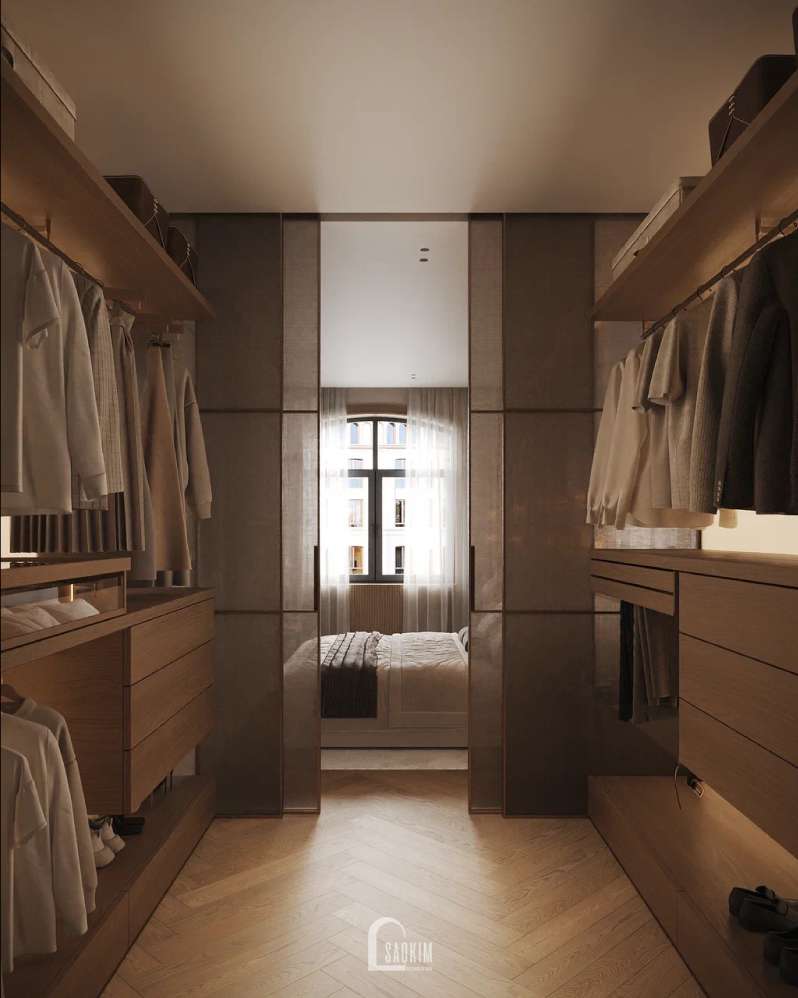 Phòng ngủ Master đậm chất Wabi-Sabi trong thiết kế nhà phố Long Biên.

